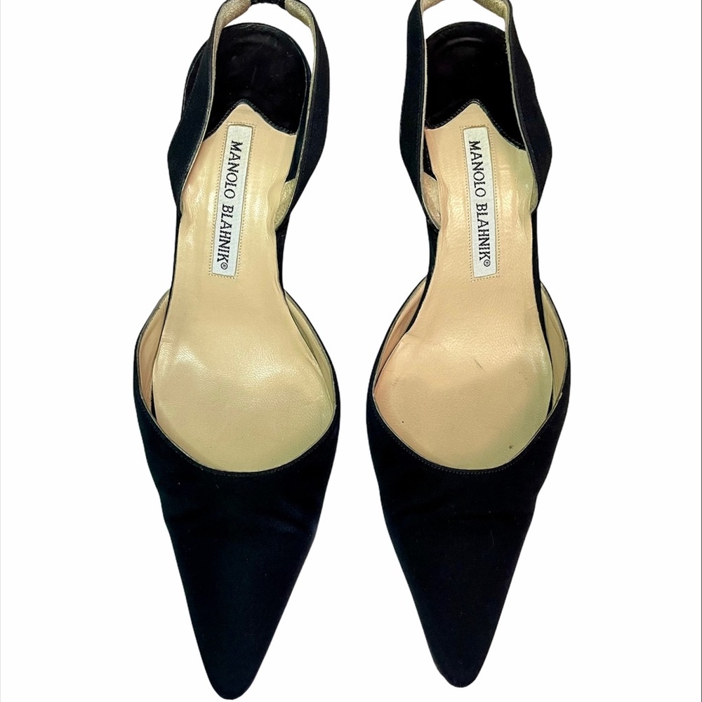 Manolo Blahnik Carolyne Black Satin Slingback, 7.5